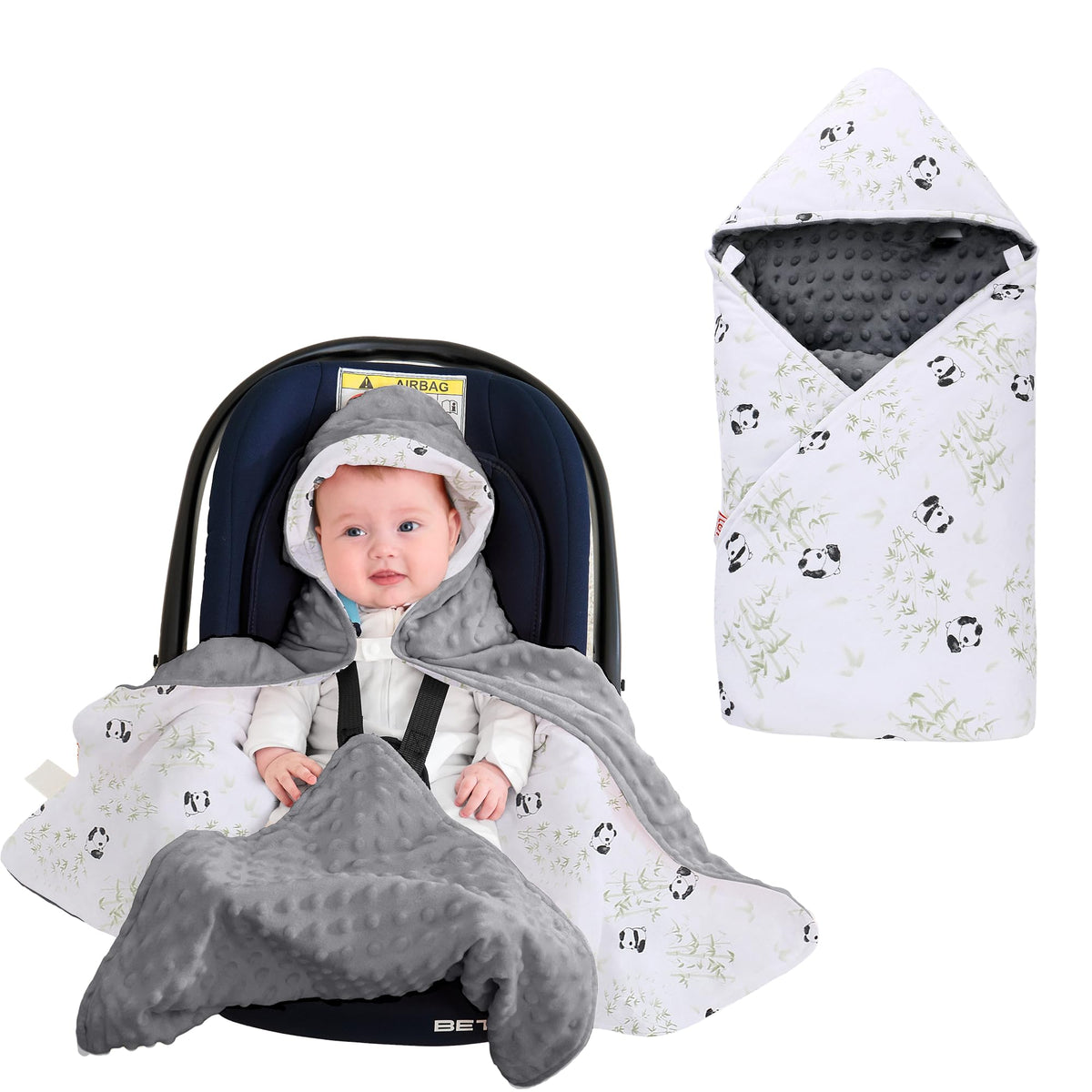 LAT LEE AND TOWN panda-pattern car seat blanket keeps babies warm on the go.