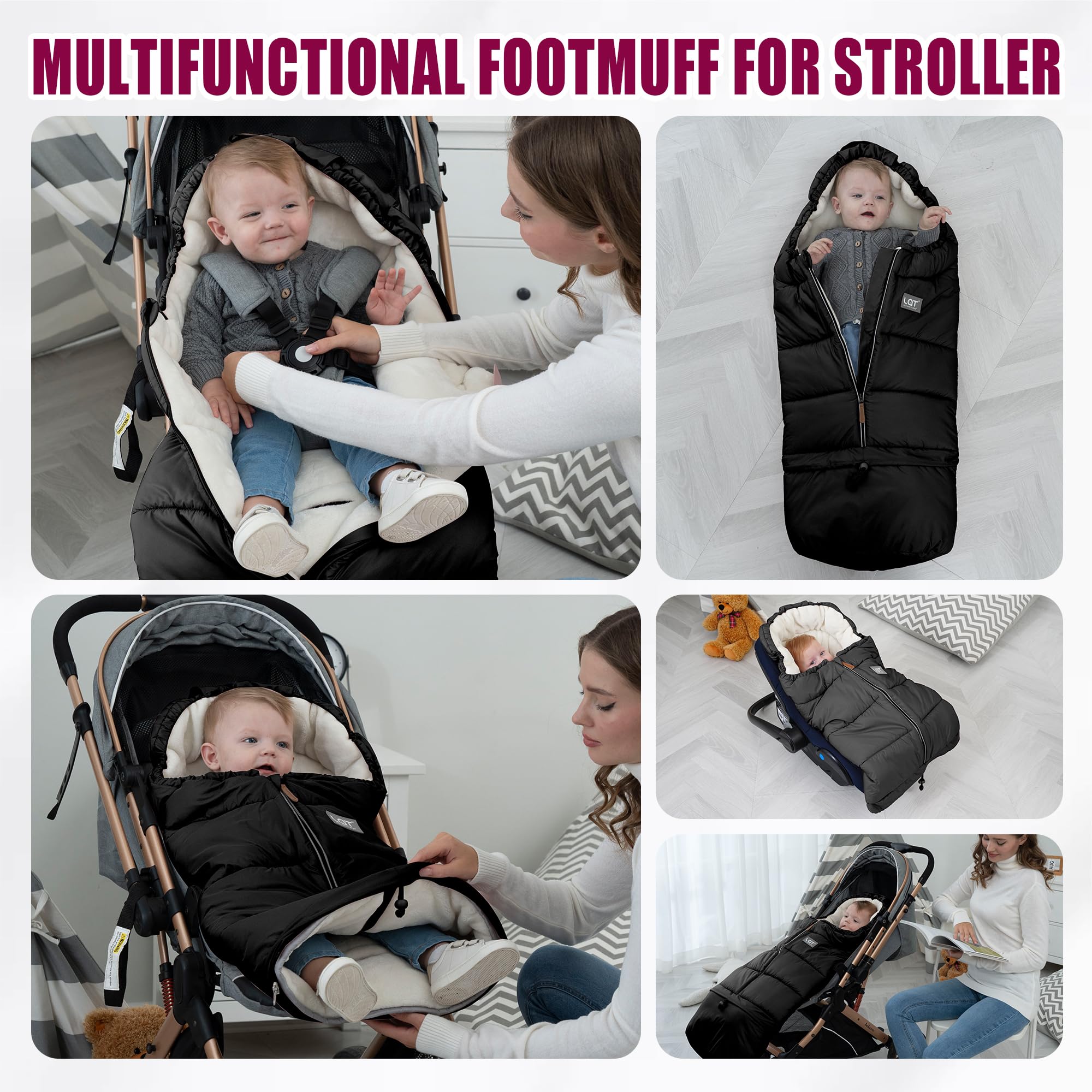 LAT LEE AND TOWN bunting bag in-use on stroller shows cozy baby ride