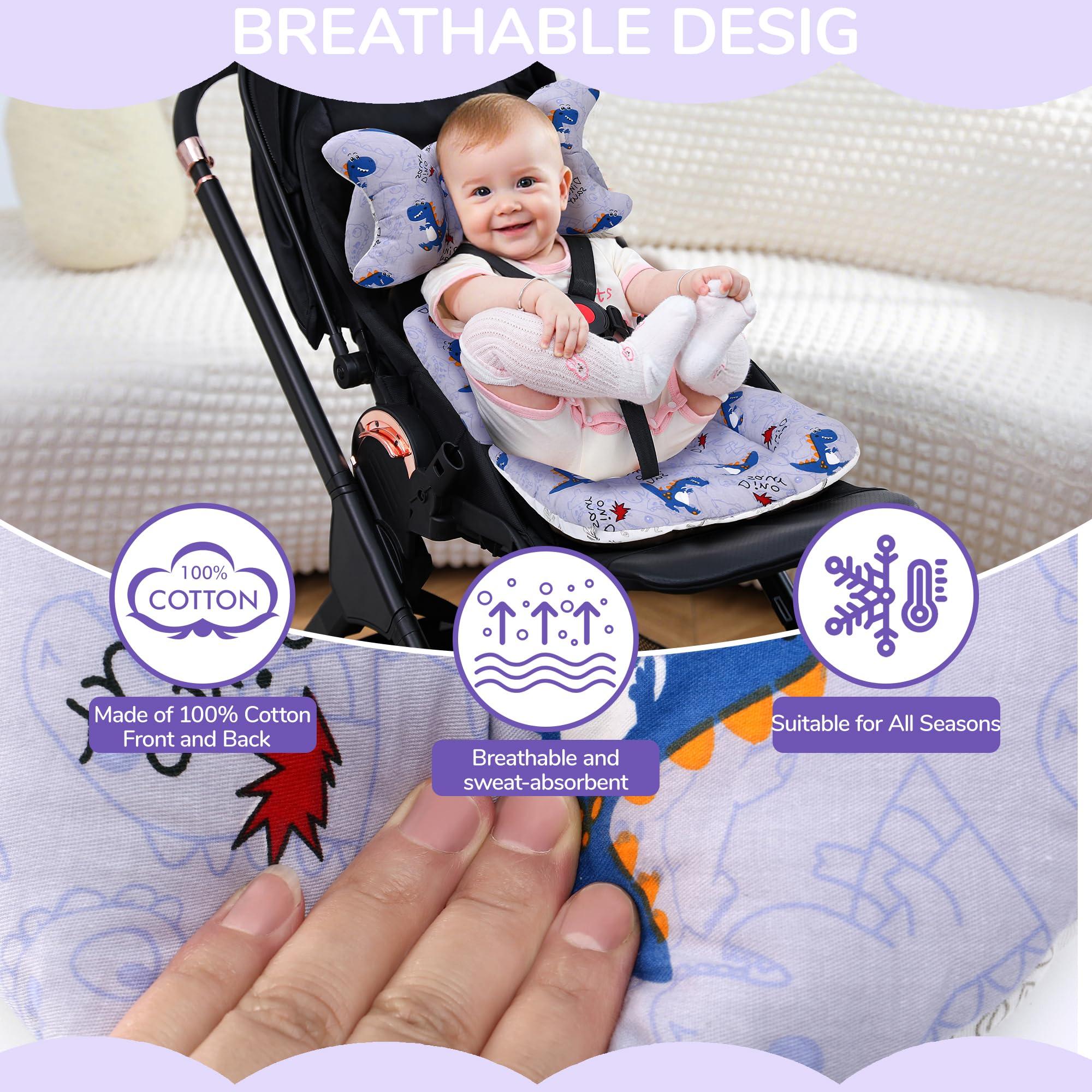 LAT LEE AND TOWN double-sided stroller liner provides versatile styling options.