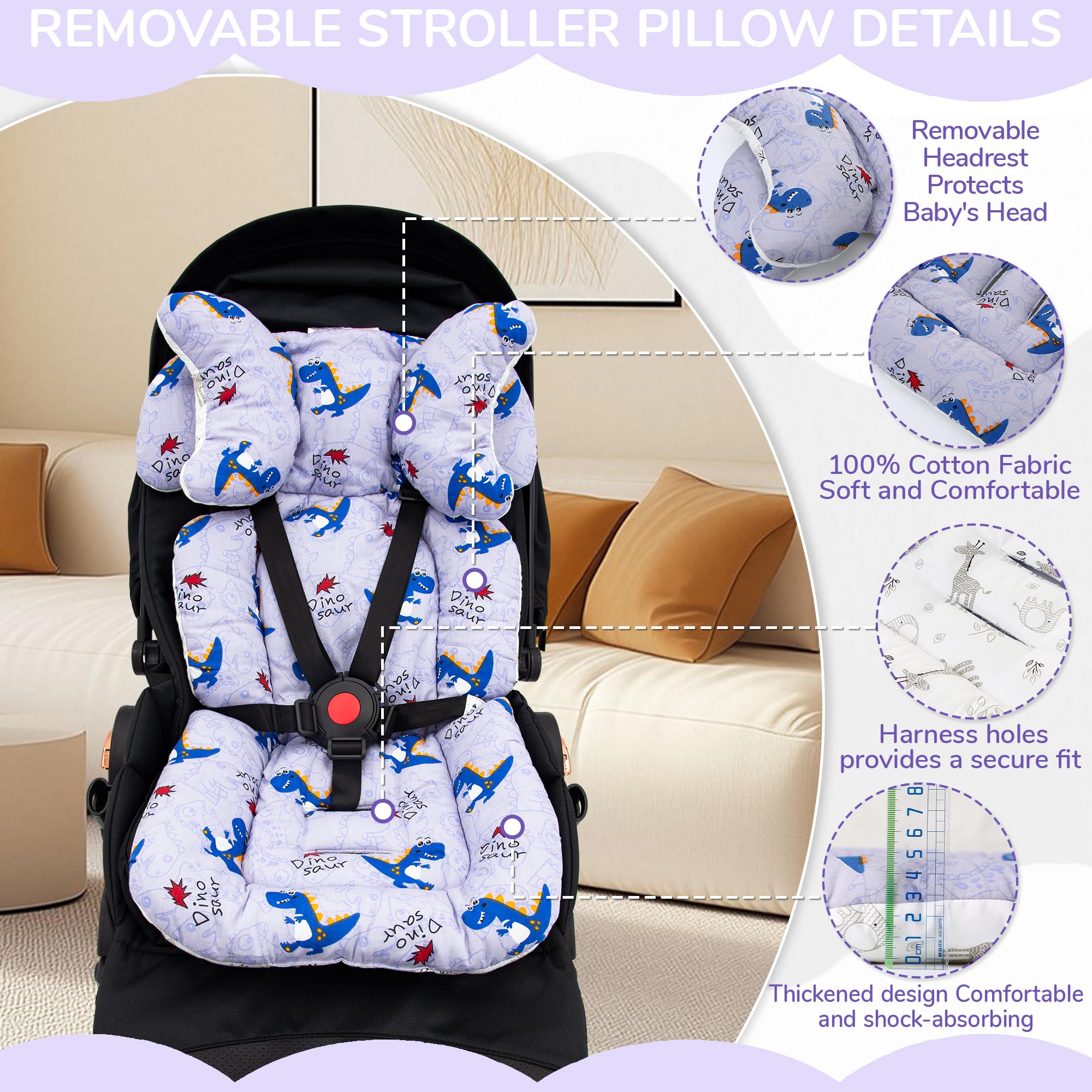 LAT LEE AND TOWN giraffe-pattern stroller liner adds playful style and universal fit.