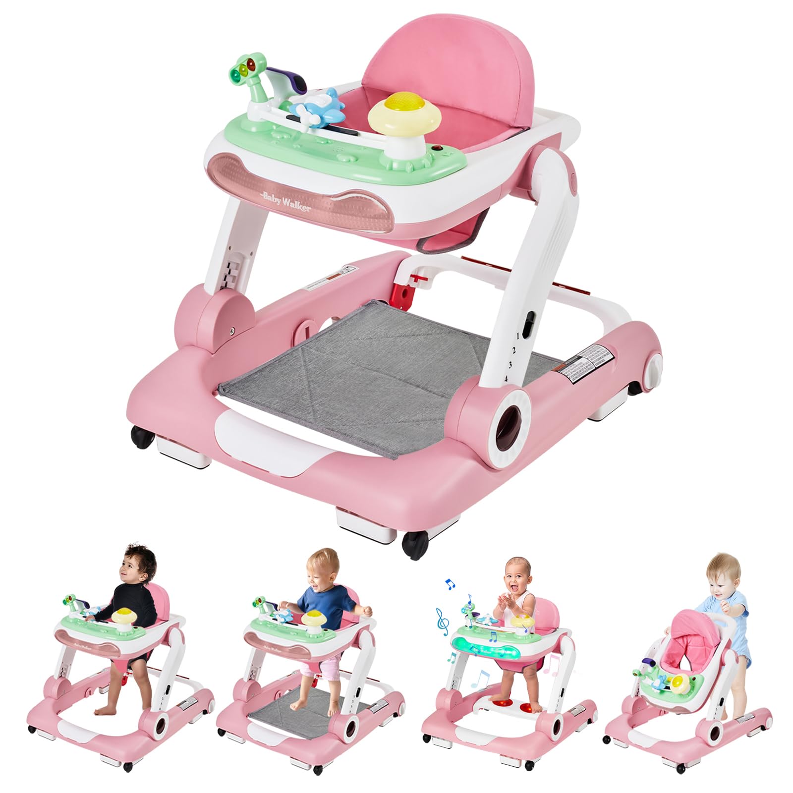 LAUJIA 5-in-1 pink baby walker folds compactly for easy storage.