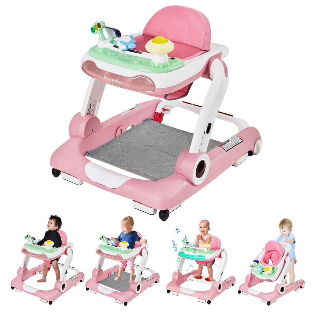 LAUJIA 5-in-1 pink baby walker folds compactly for easy storage.