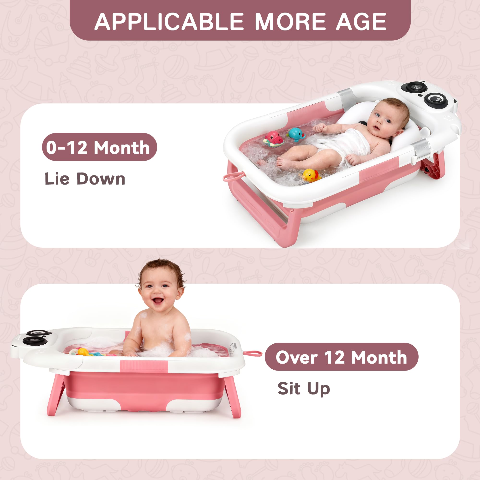LAUJIA panda-pink soft-cushion bath tub provides gentle support.
