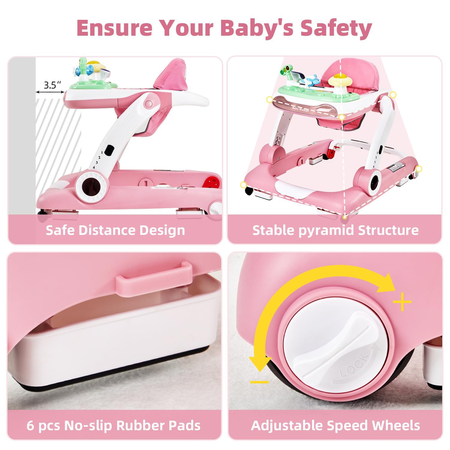 LAUJIA pink baby walker with bouncer mode adds playful mobility.