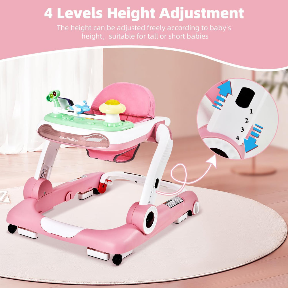 LAUJIA pink walker includes feeding tray for convenient mealtime.