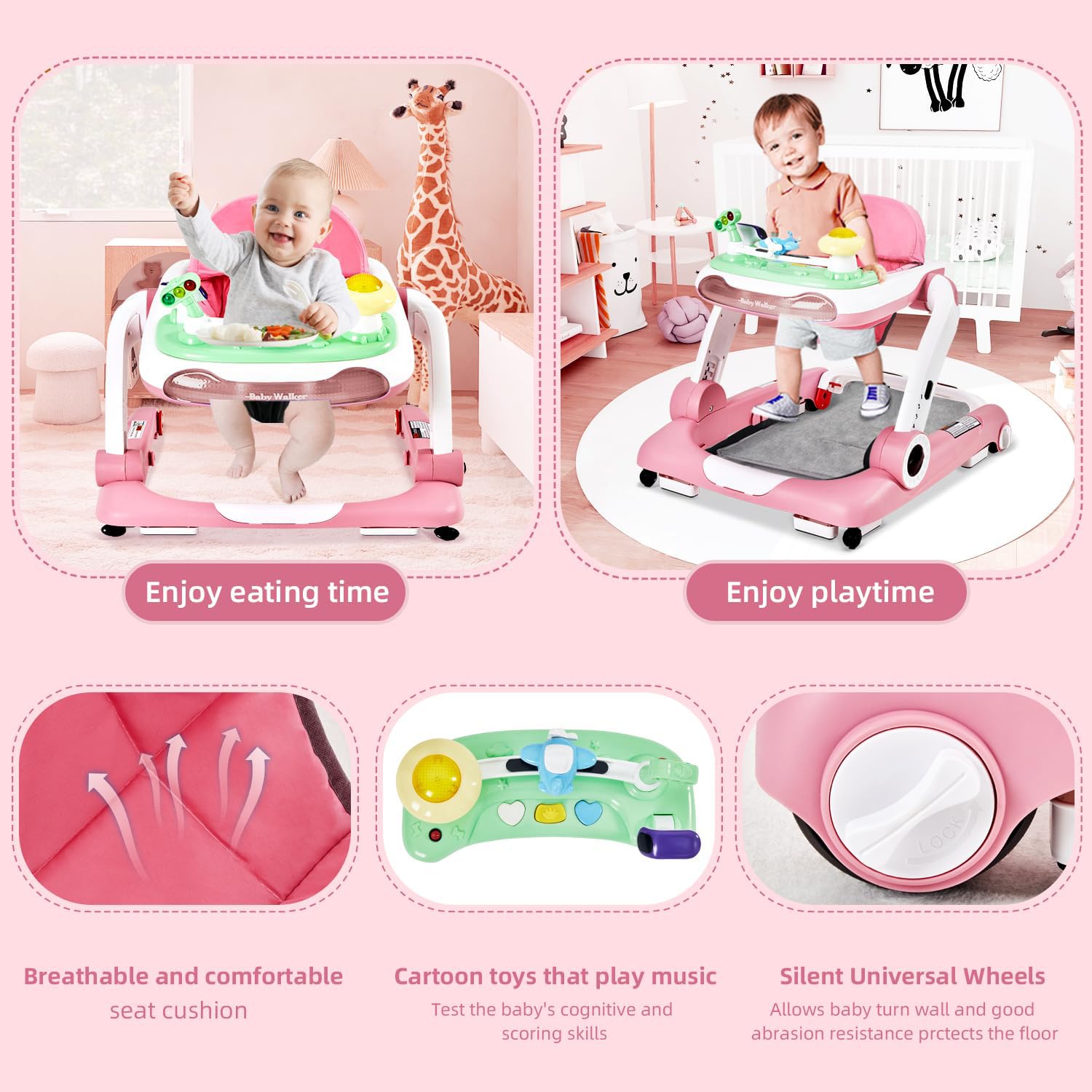 LAUJIA pink walker with adjustable height fits growing babies.