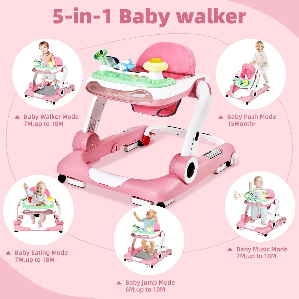 LAUJIA pink walker offers built-in music to engage babies.