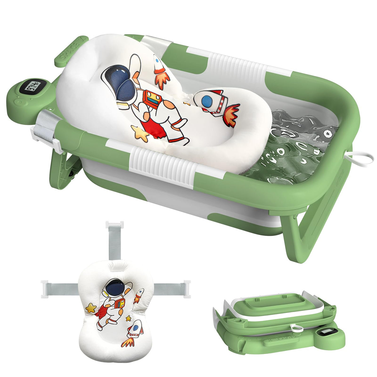 LAUJIA collapsible baby bathtub in astronaut green showing a compact fold for small spaces.