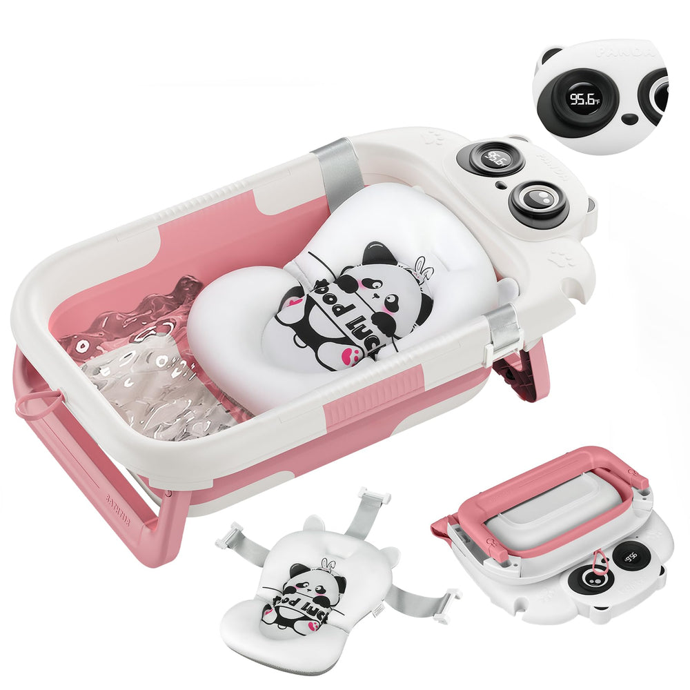 LAUJIA panda-pink collapsible baby bathtub folded for compact storage.