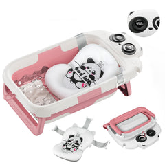 LAUJIA panda-pink collapsible baby bathtub folded for compact storage.
