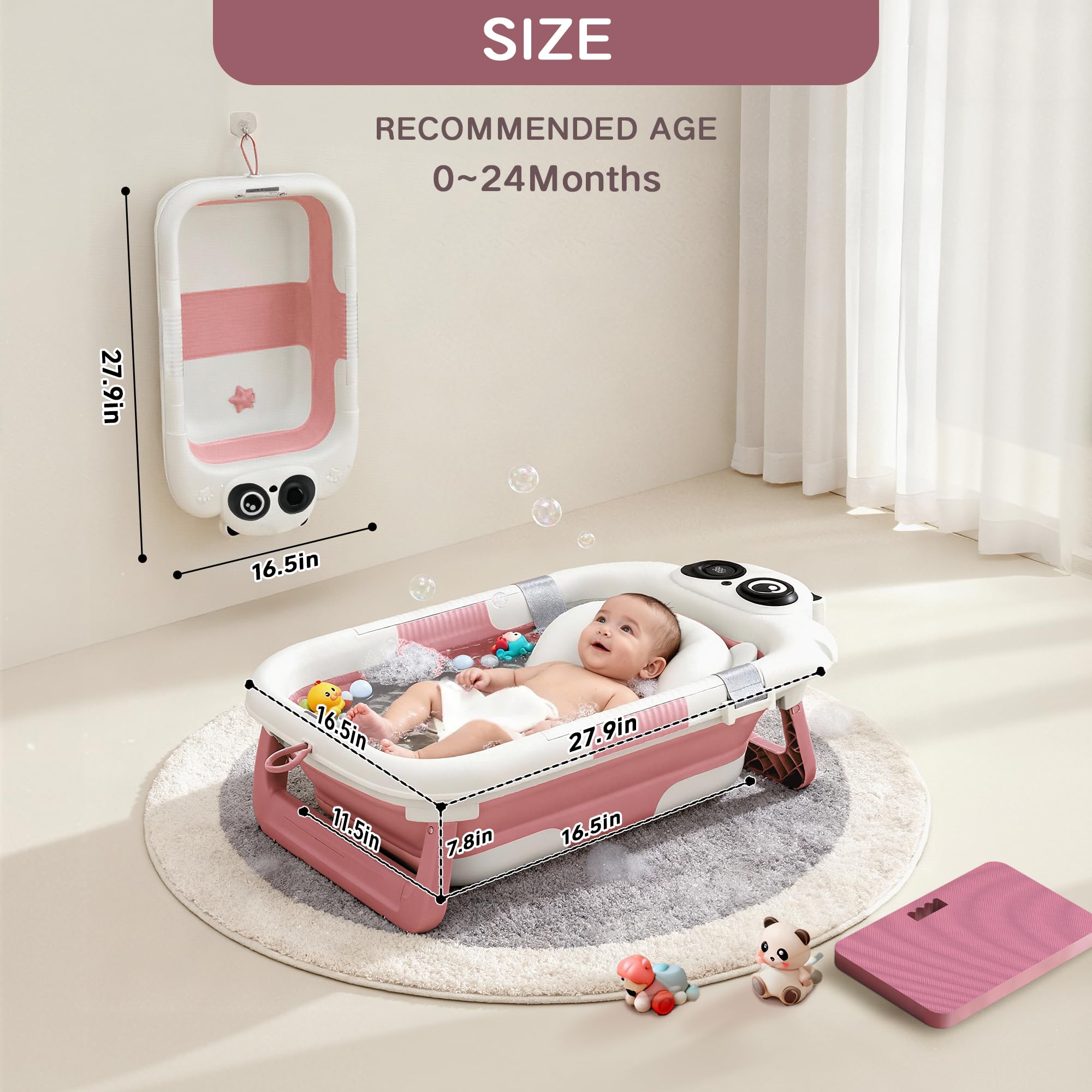 LAUJIA panda-pink collapsible baby bathtub in use with newborn.