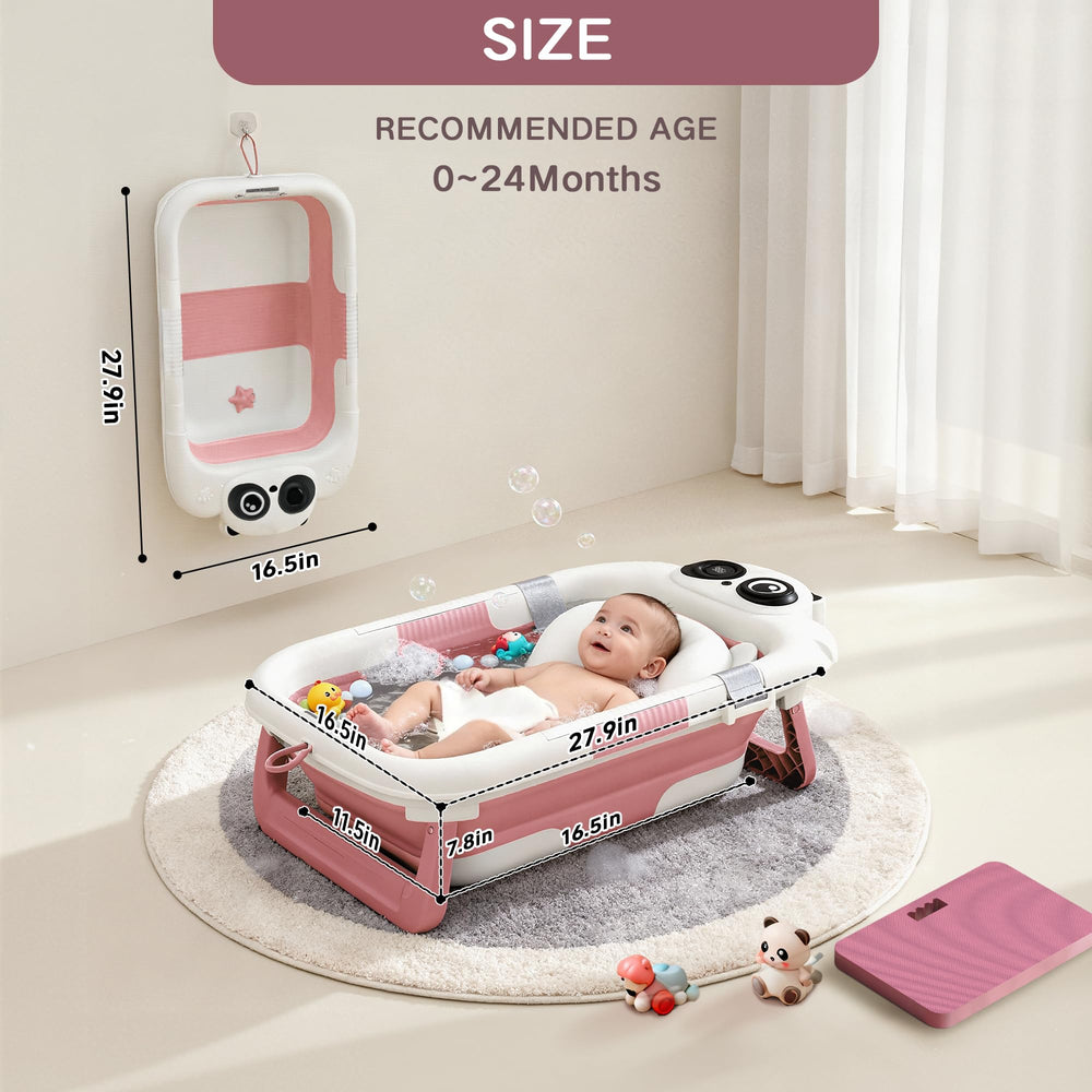 LAUJIA panda-pink collapsible baby bathtub in use with newborn.
