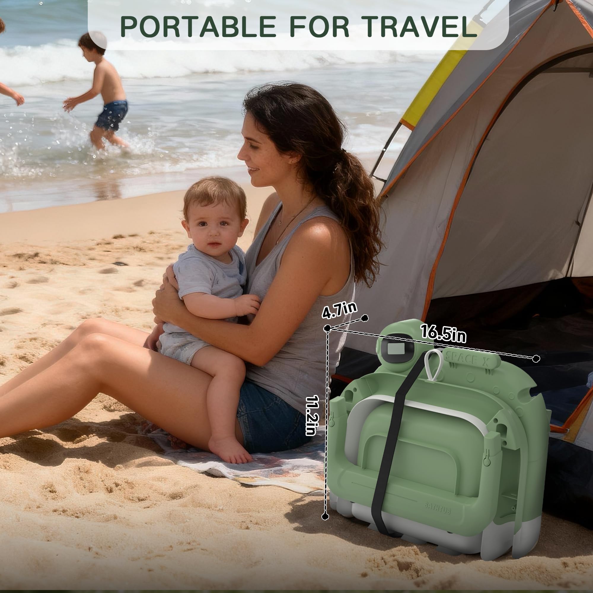 LAUJIA newborn-to-toddler tub supports growing kids in green.
