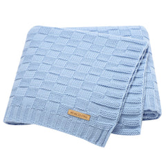 LAWKUL Blue Cable Babe blanket close-up showing soft knit texture for newborns.