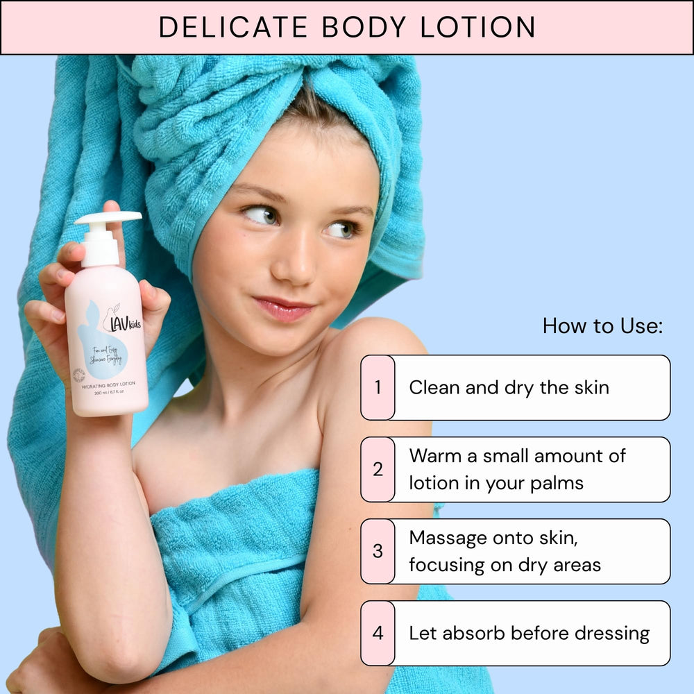 LAV KIDS lotion bottle showing sweet almond oil for nourishing, non-greasy skin