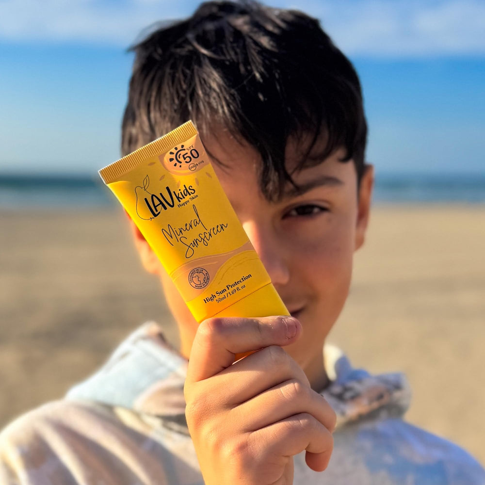 SPF 50 label on LAV KIDS mineral sunscreen for reliable coverage
