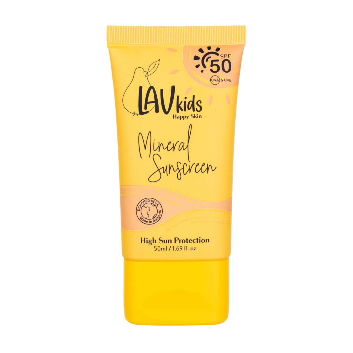 LAV KIDS mineral sunscreen tube on a beach towel for sunny outdoor play