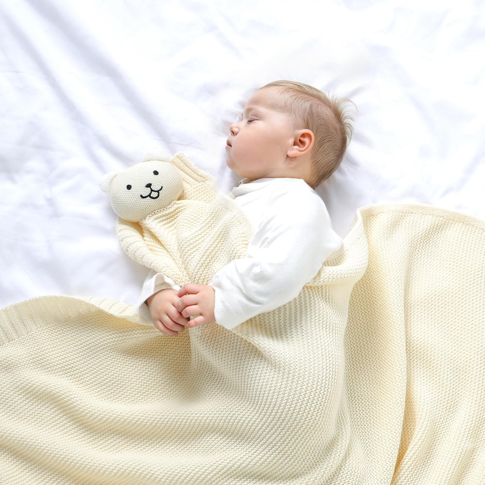 LAWKUL Bear Lovey blanket with textured ears for tactile exploration.