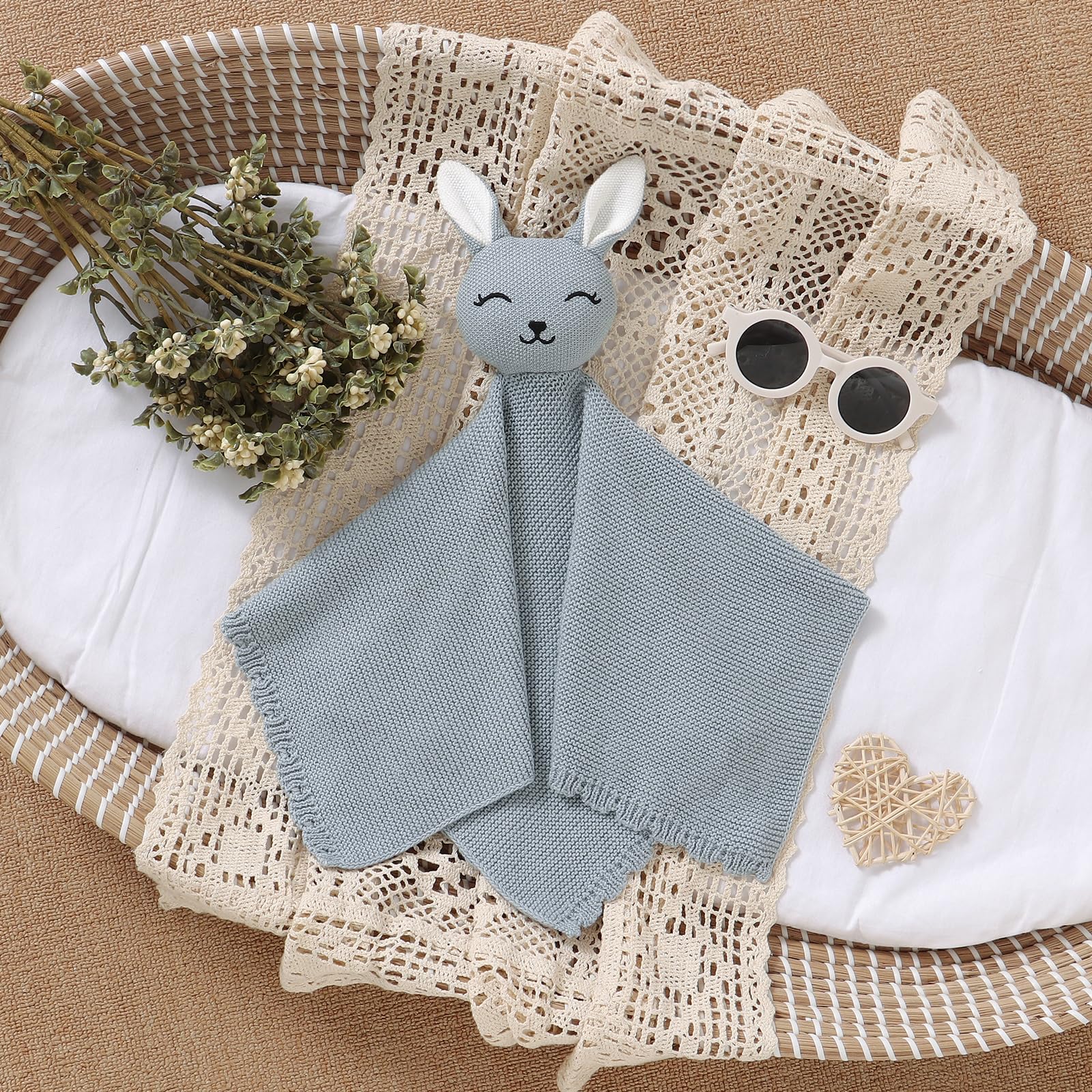 LAWKUL Bunny Lovey blue blanket in a sleep-friendly nursery setting.