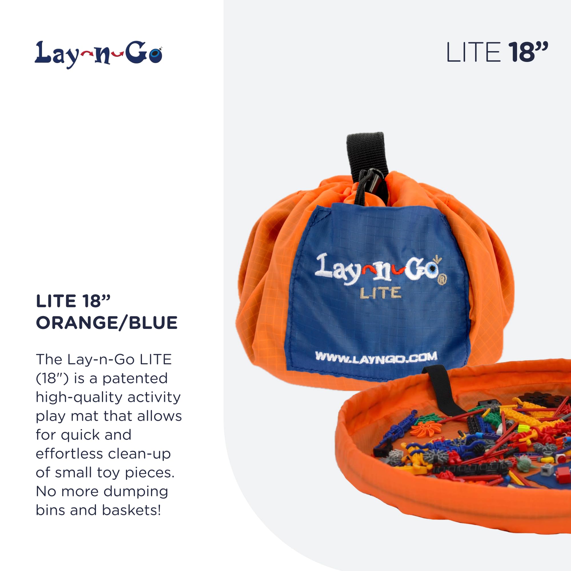 Lay-n-Go 18-inch toy mat converts to drawstring bag for easy transport.