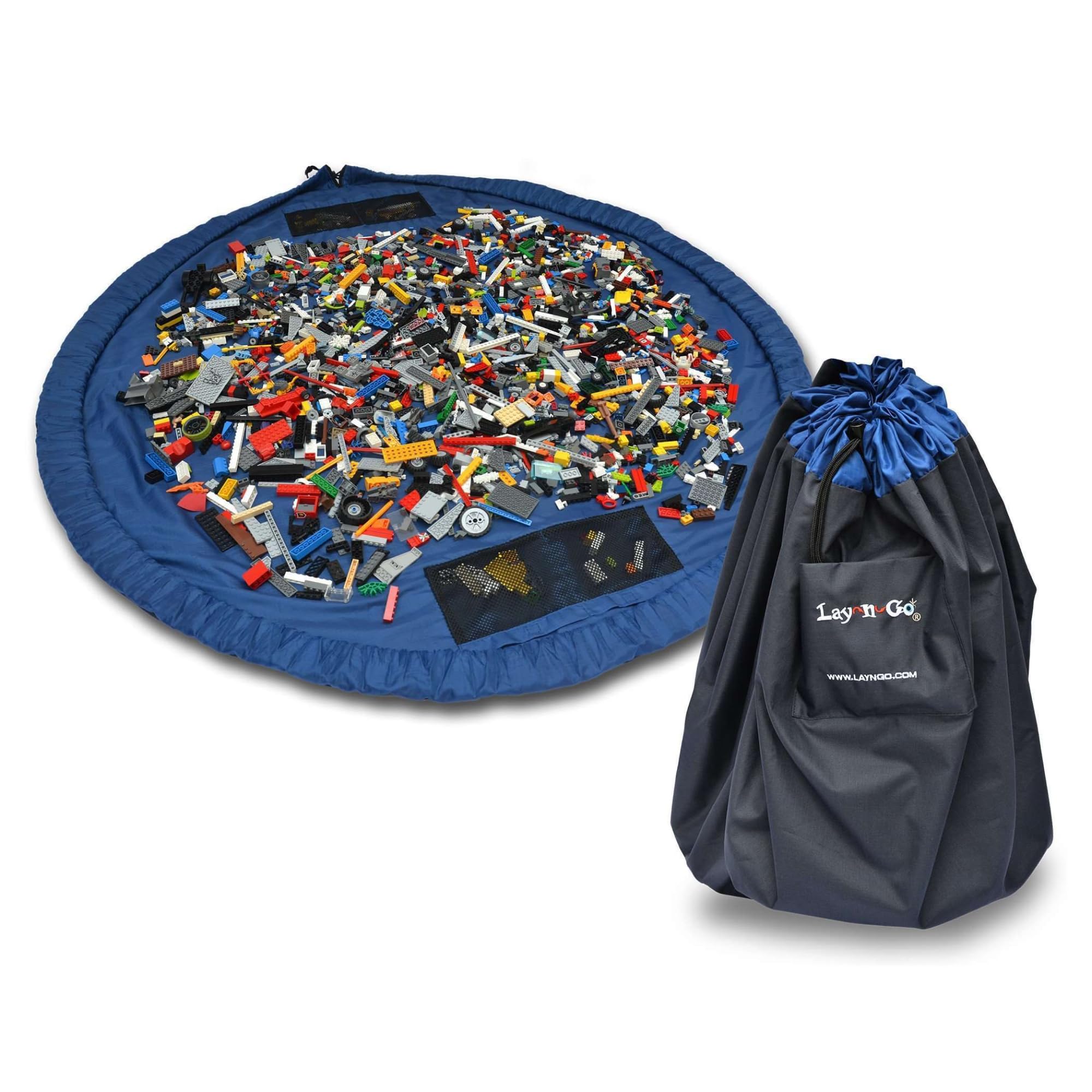 Lay-n-Go 4-in-1 blue toy mat in closed bag for quick cleanup