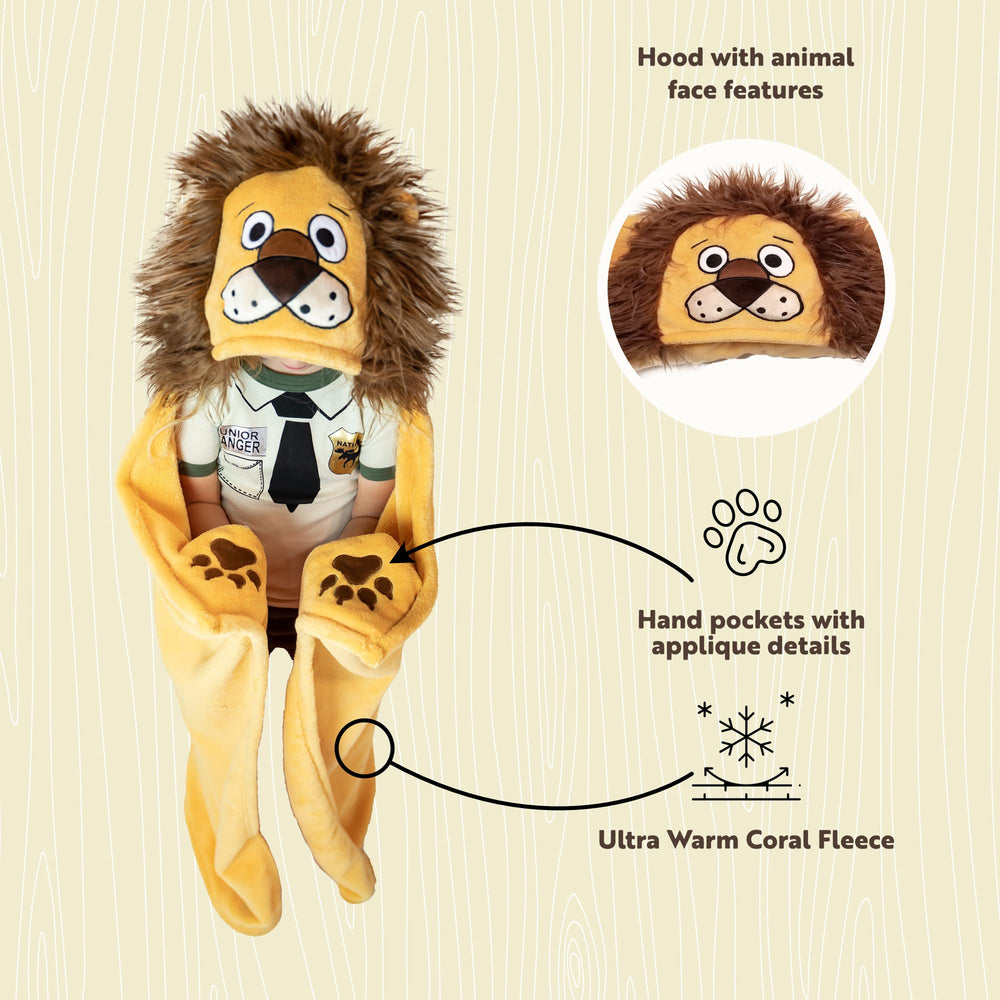 Lazy One kid wearing the lion hooded blanket makes comfy downtime fun.