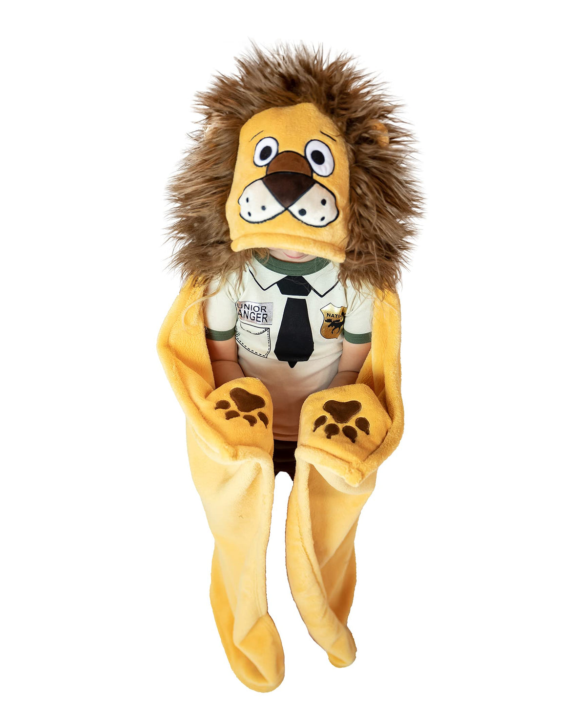 Lazy One lion hood embroidery for imaginative play and cozy wear.