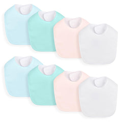 LazyRhino 8-pack baby terry bibs laid out in solid colors for easy outfit matching.