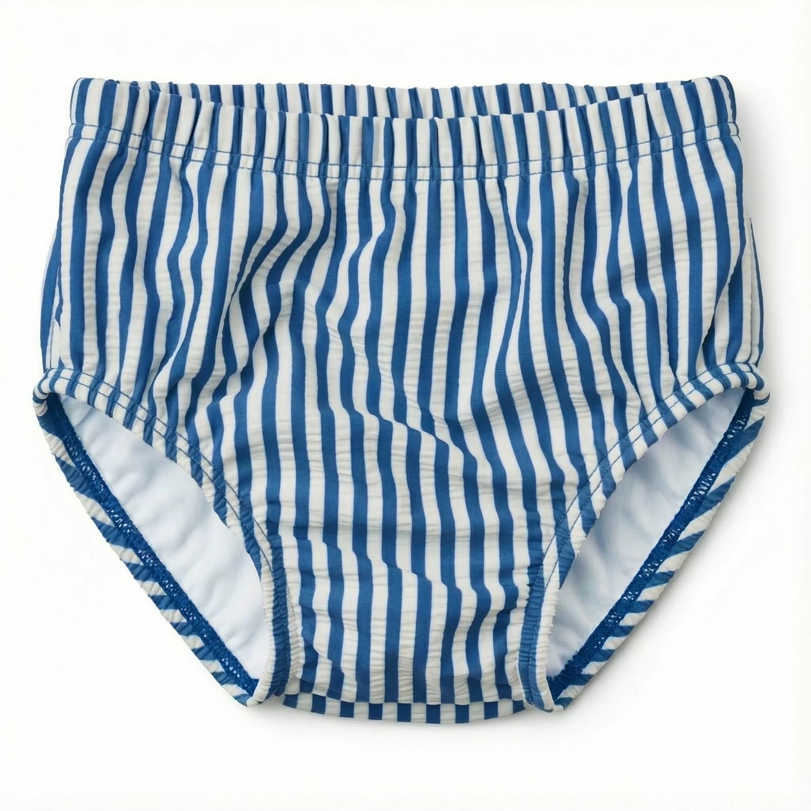 LDIOIF baby swim diaper in seersucker blue stripe, lightweight and quick-drying for sunny days.