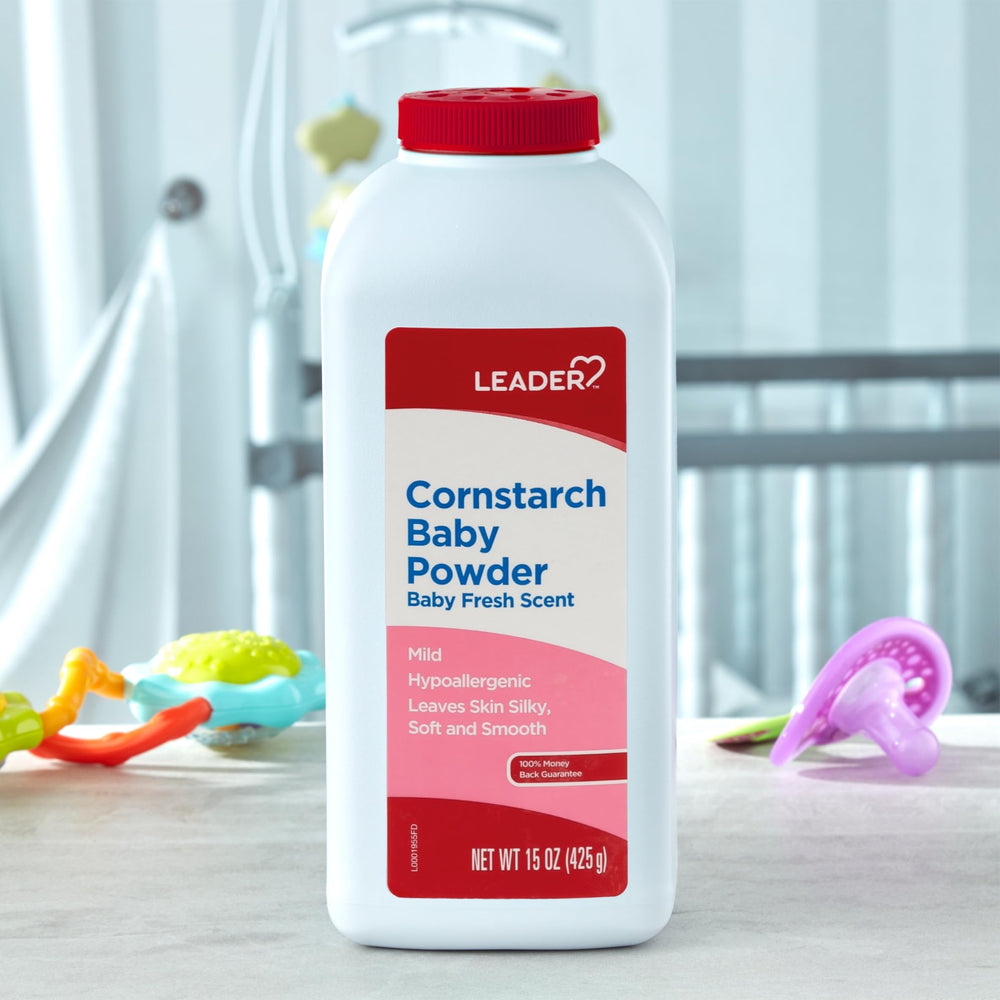 Leader cornstarch baby powder with aloe and vitamin E leaves skin silky soft.