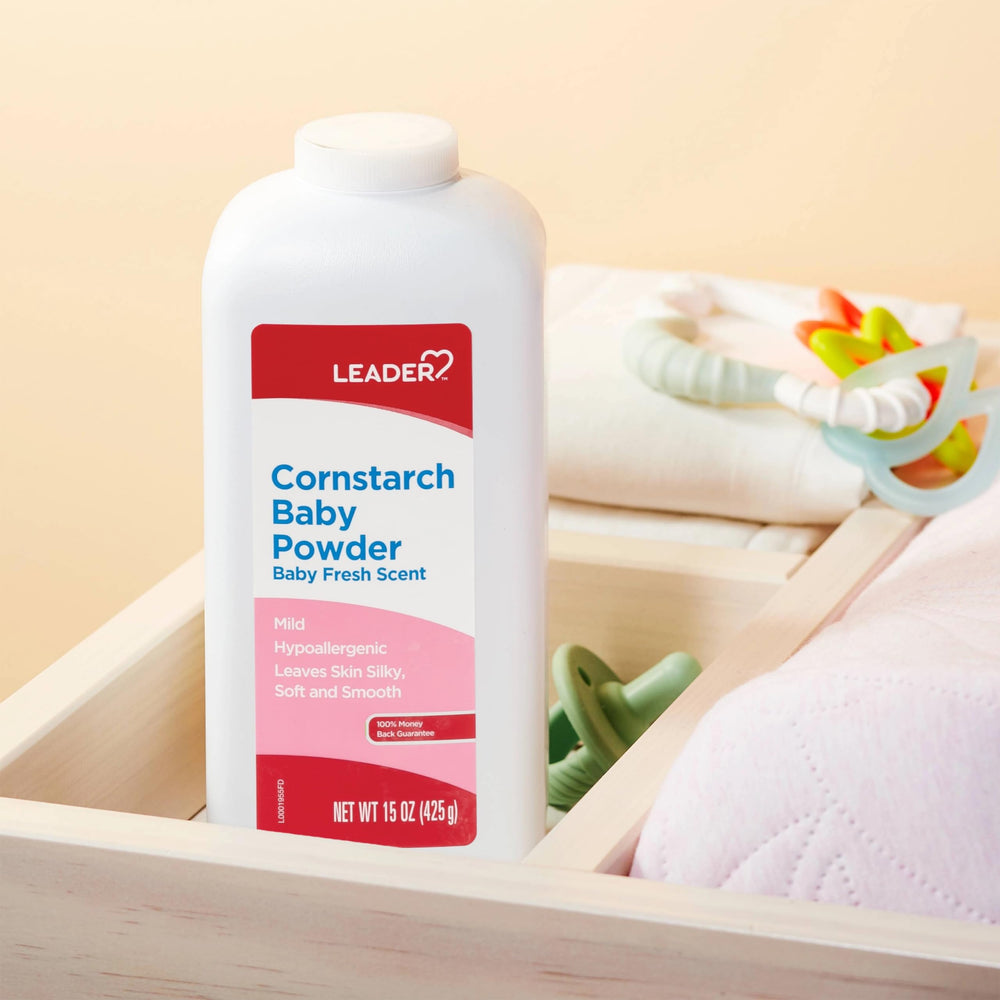 Leader cornstarch baby powder with baby fresh scent suits daily diaper changes.