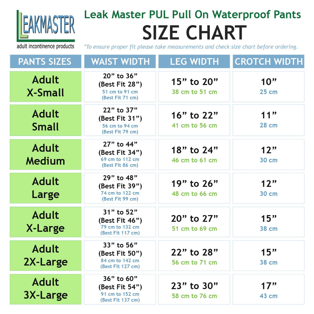 LeakMaster adult PUL waterproof pants waistband and legs, showing generous cut for cloth diaper fit.