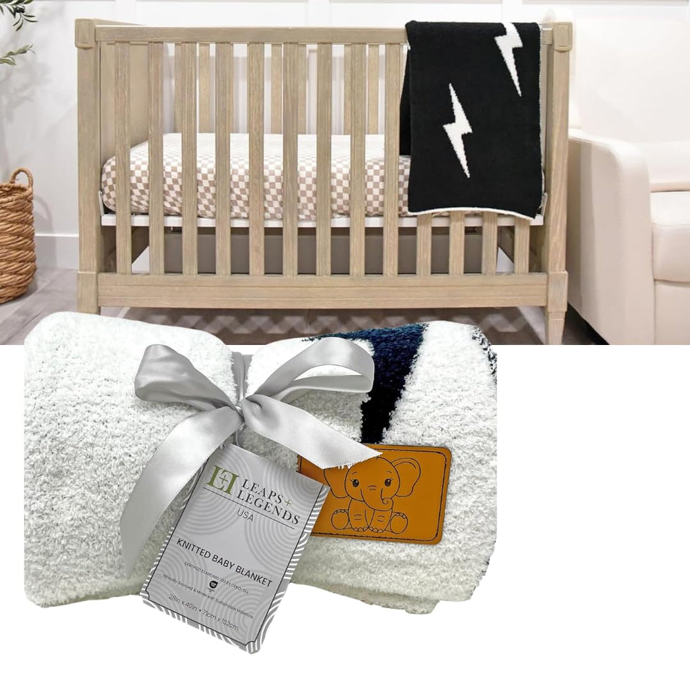 Leaps + Legends lightning bolt blanket folded for cozy newborn snuggles.
