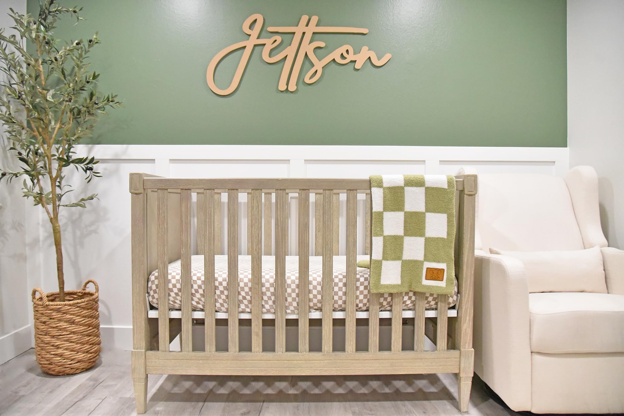 Leaps + Legends USA checkered baby blanket 28x40 in sage green and white for crib use.
