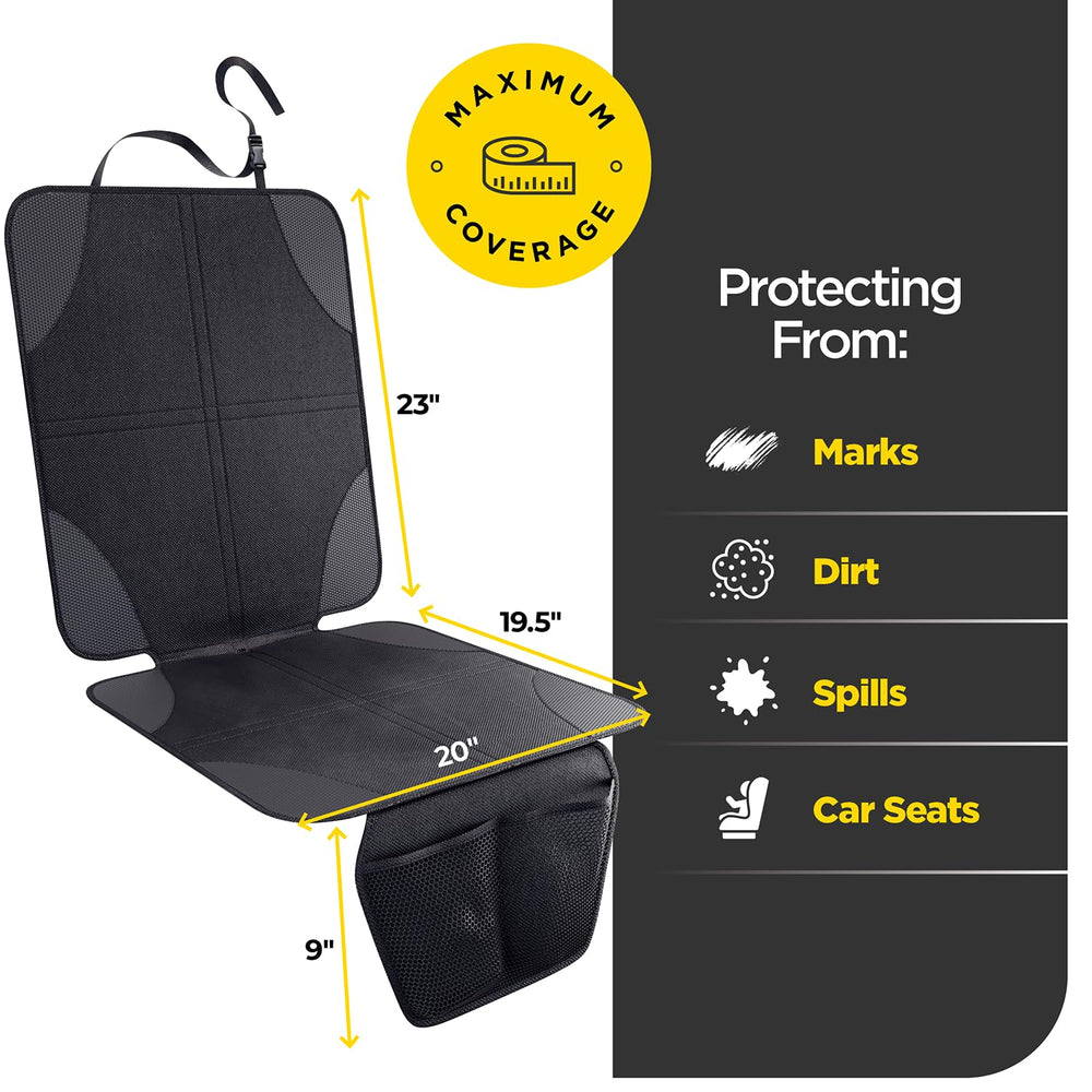 Lebogner car seat protector side view highlighting mesh pockets for storage.