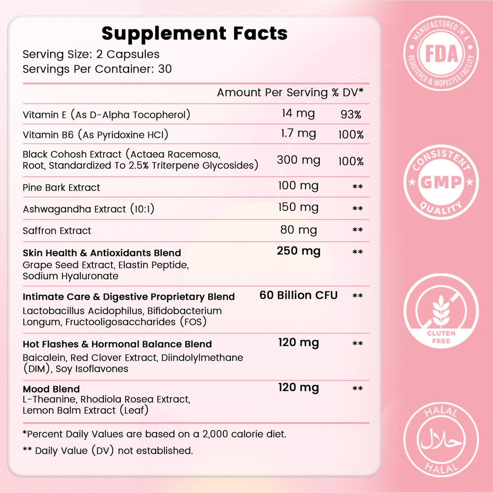 LeCozz menopause capsules close-up highlighting the probiotic formula for daily wellness.