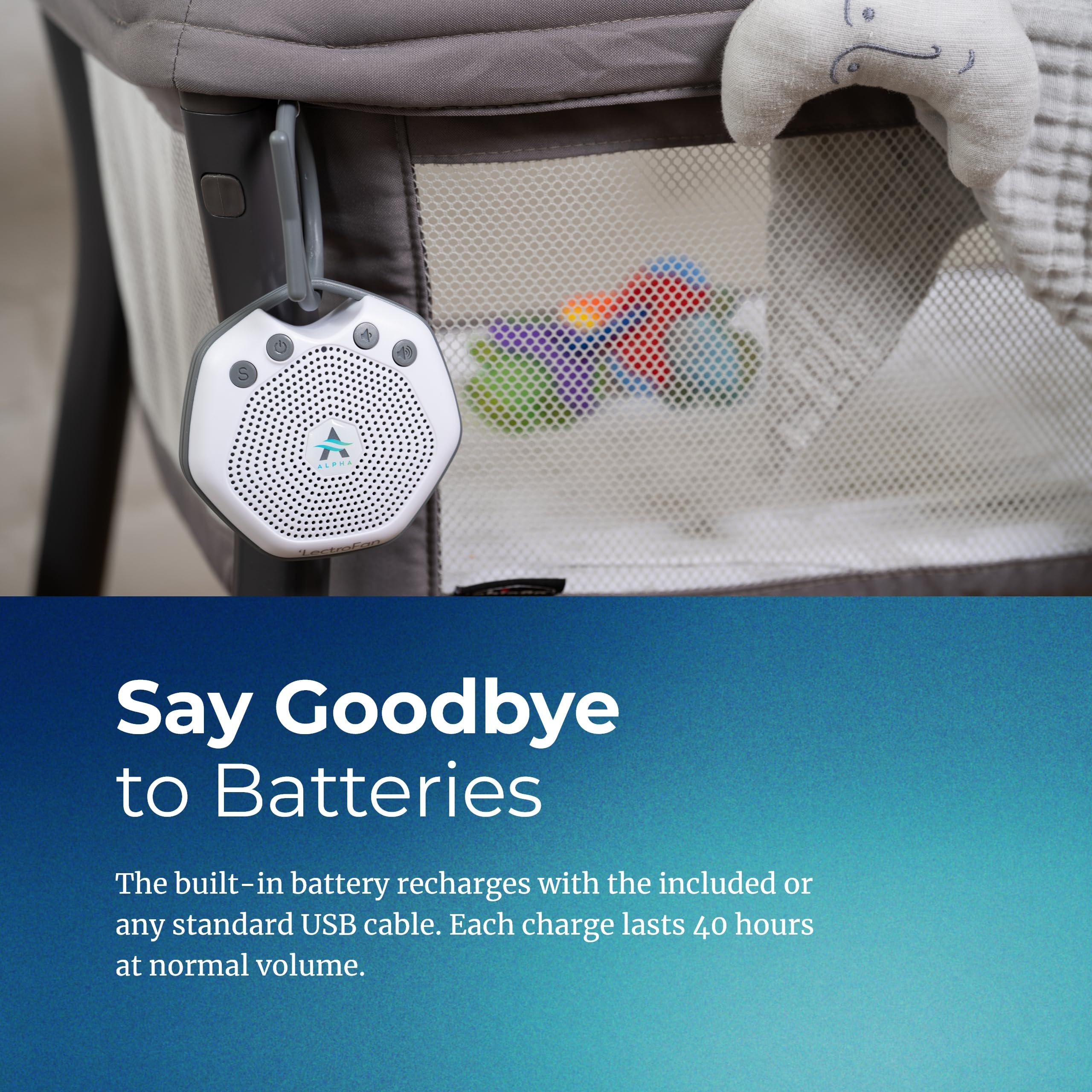 LectroFan Alpha rechargeable battery life supports long use between charges.