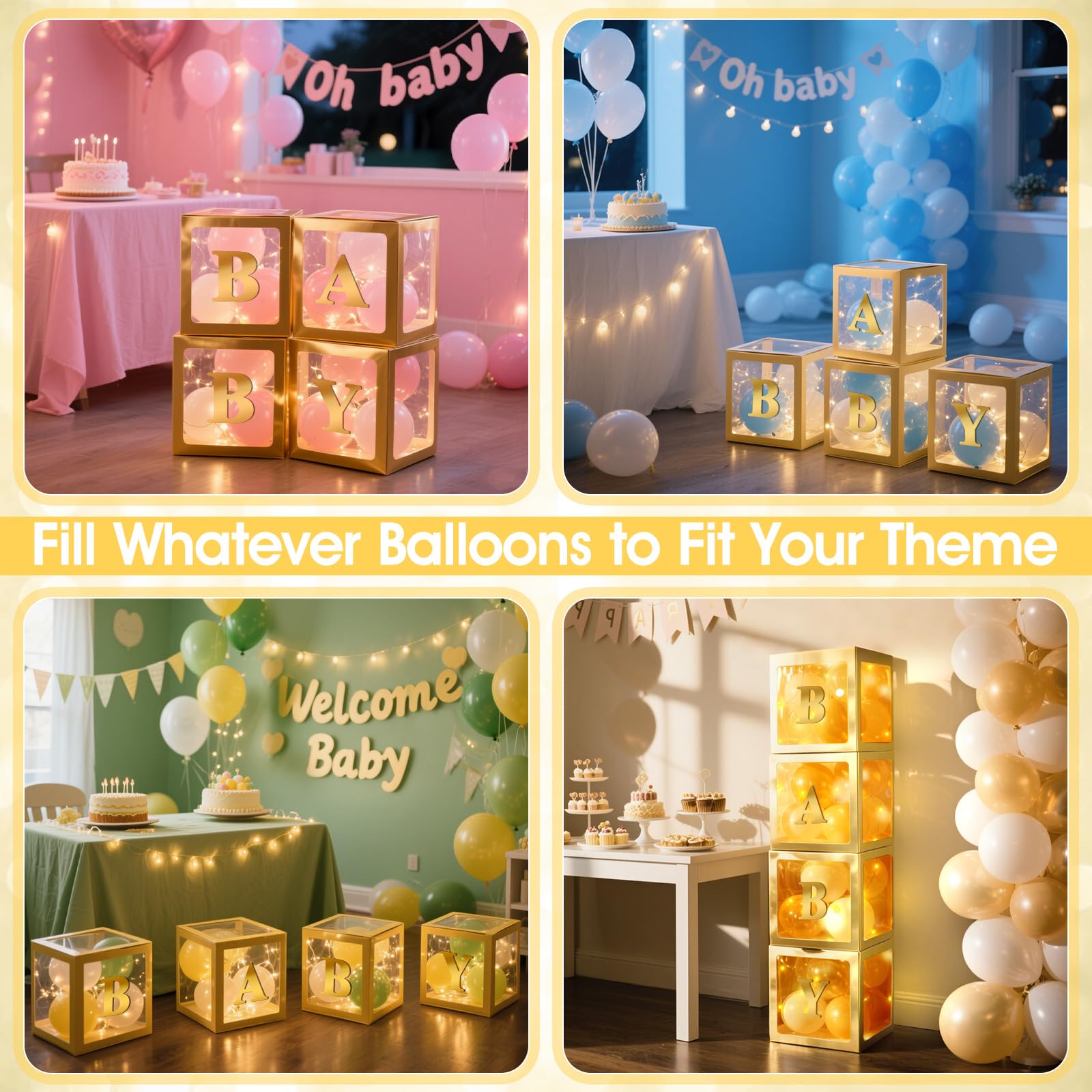Ledido baby boxes with BABY letters close-up for charming gender reveal decor