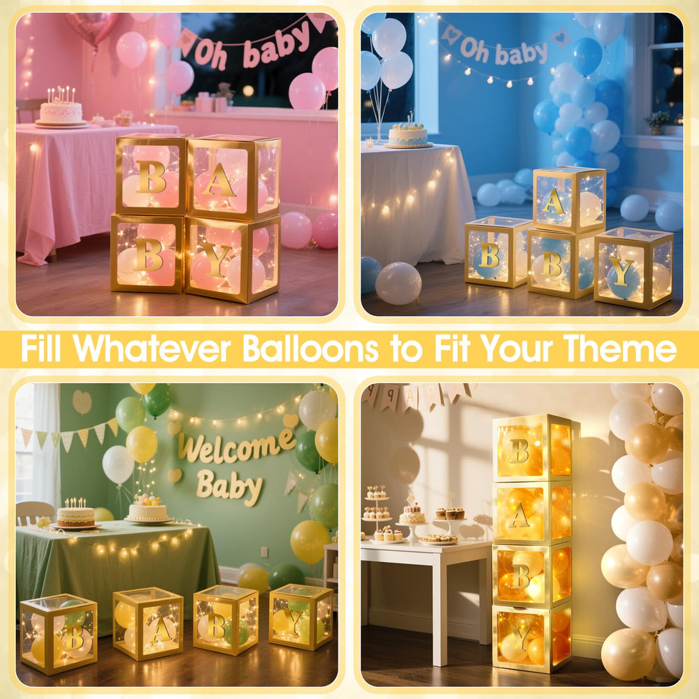 Ledido baby boxes with BABY letters close-up for charming gender reveal decor