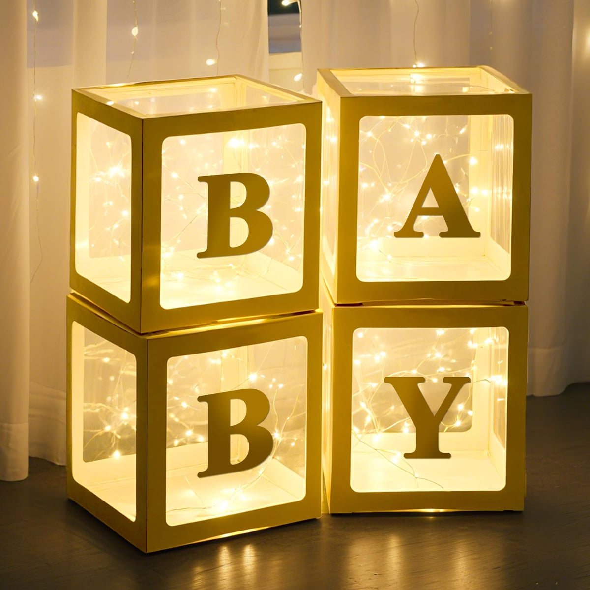 Ledido baby boxes gold front view ideal for a stylish baby shower backdrop