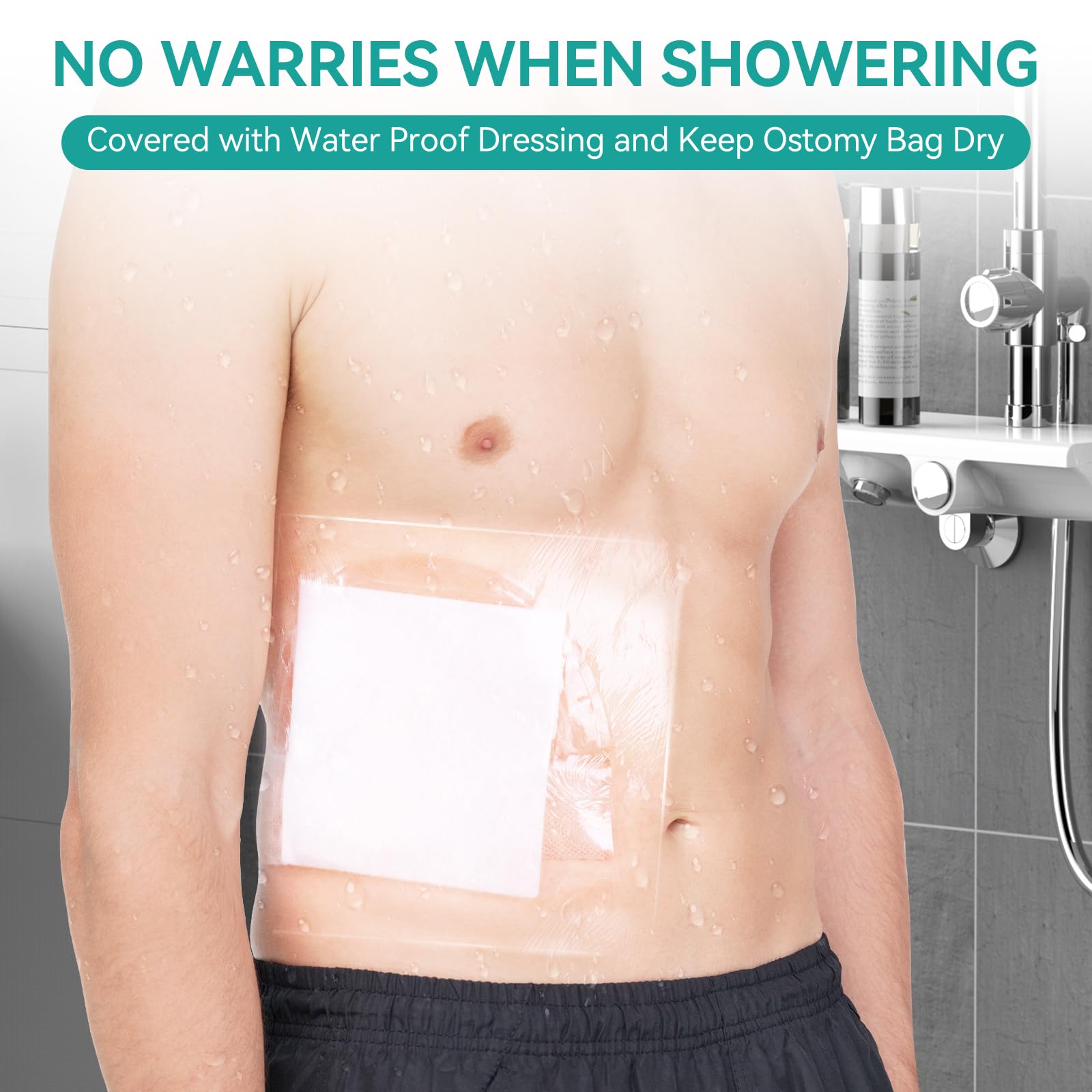 Lefeke waterproof stoma shield in action demonstrates effective water protection during showers.