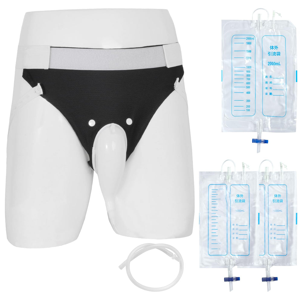 lefeke urine bag system back view showing wearable, reusable design for men