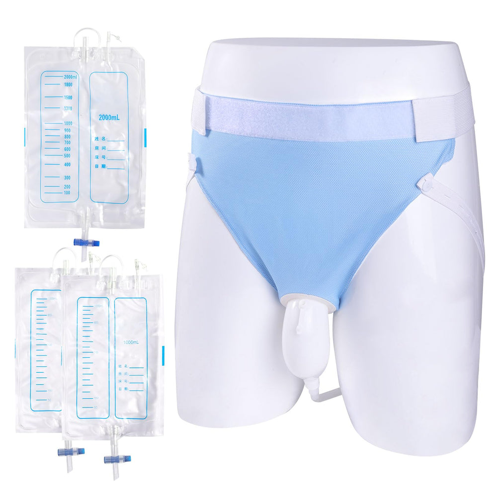 Lefeke urine collection bag system blue front view for discreet daily wear.