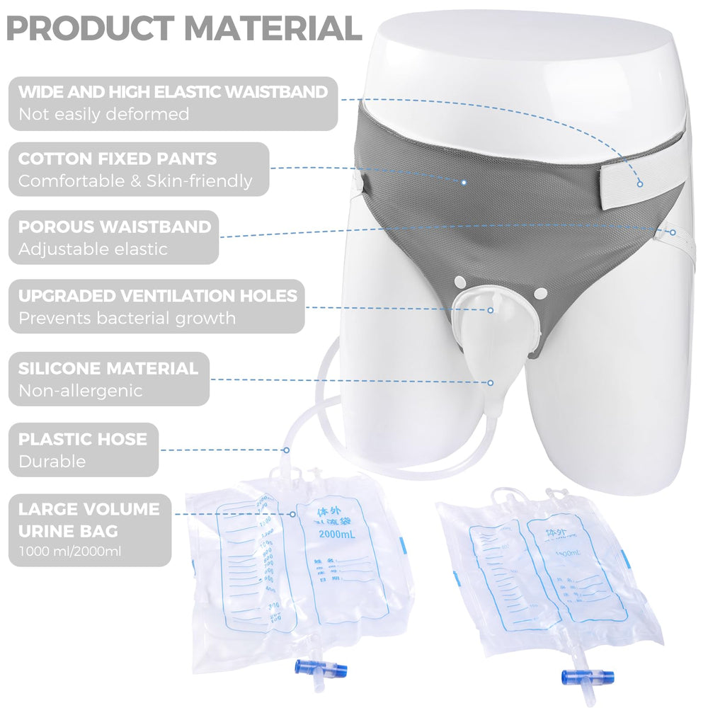 lefeke wearable urine bag side view shows compact profile for under clothing.