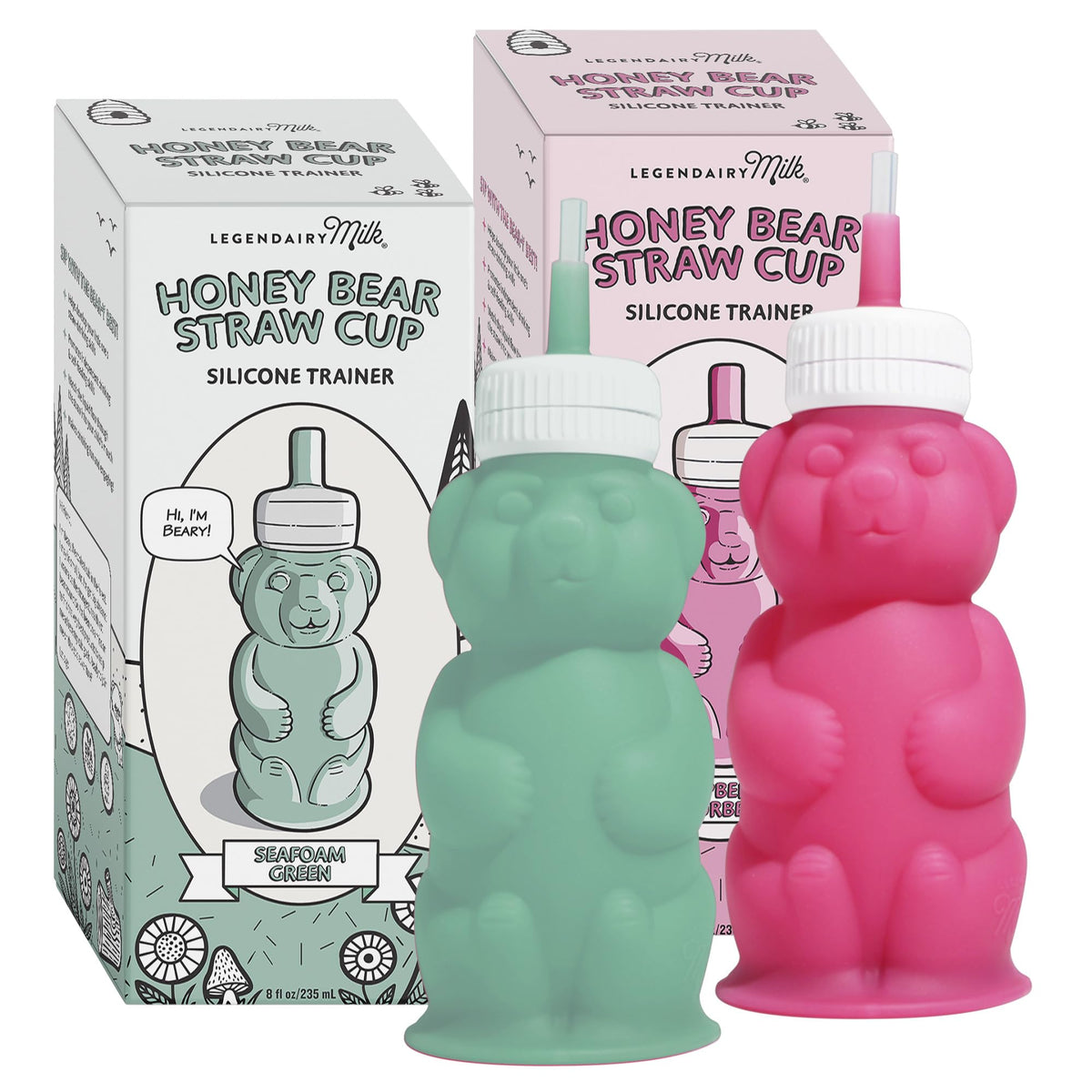 Legendairy Milk Honey Bear Straw Cup 8 oz, angled view, promotes independent sipping for babies.