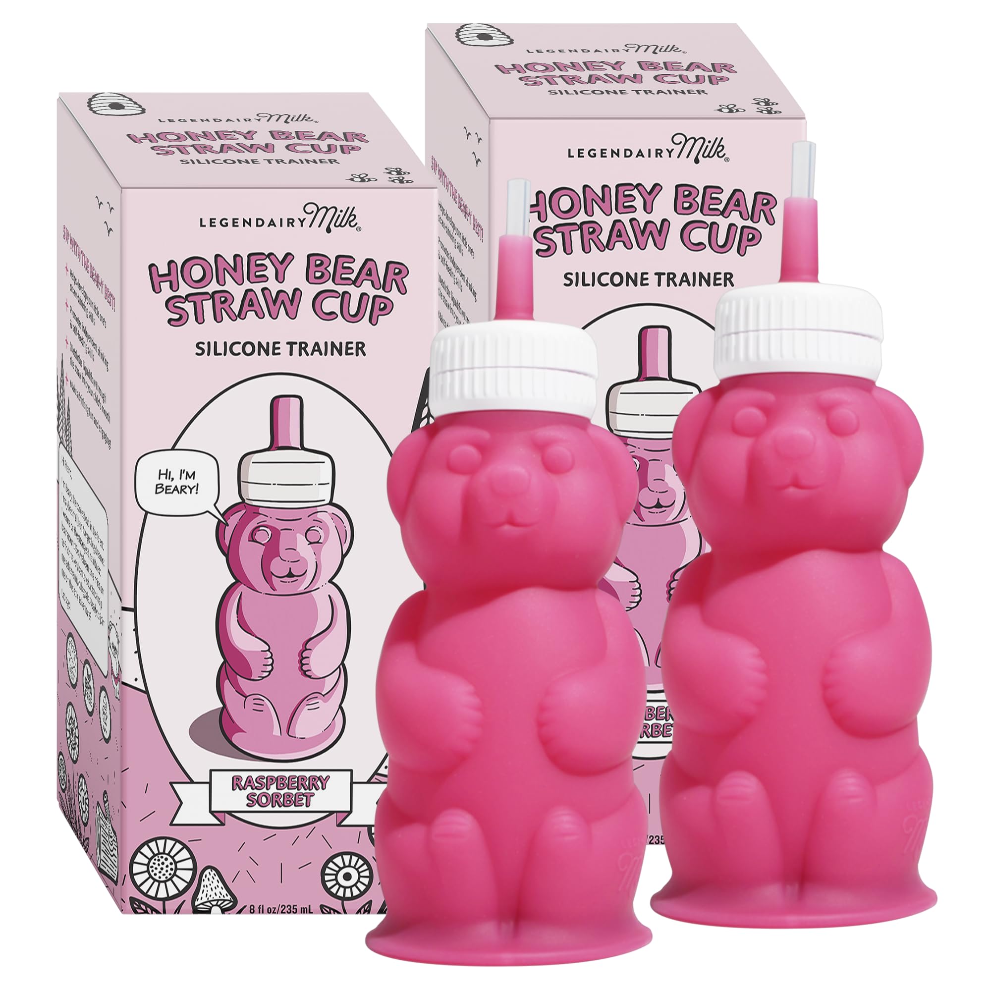 Legendairy Milk Honey Bear Straw Cup pink with 8 oz markings for easy sipping.