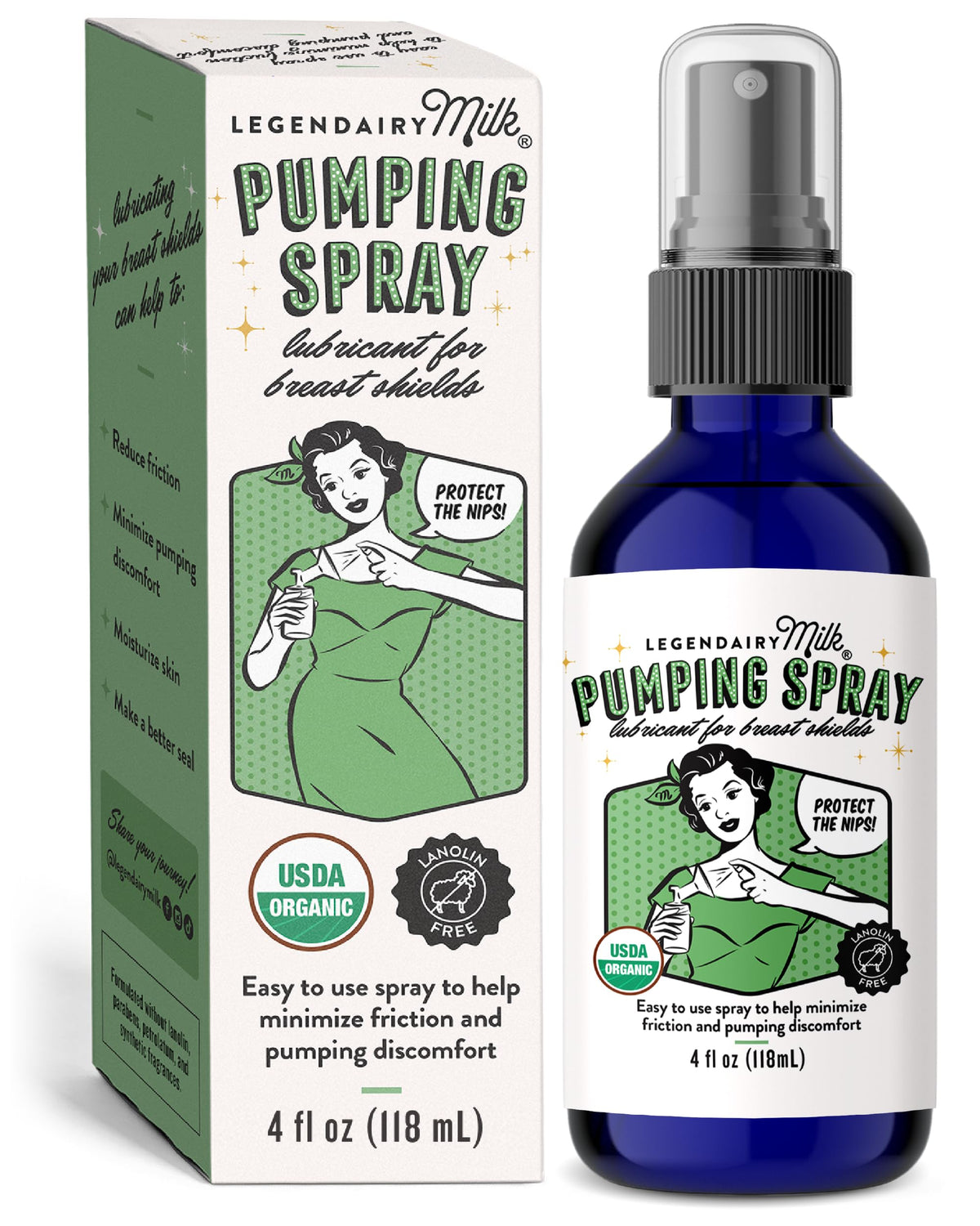 Legendairy Milk Pumping Spray 4 oz bottle shown for comfortable pumping.