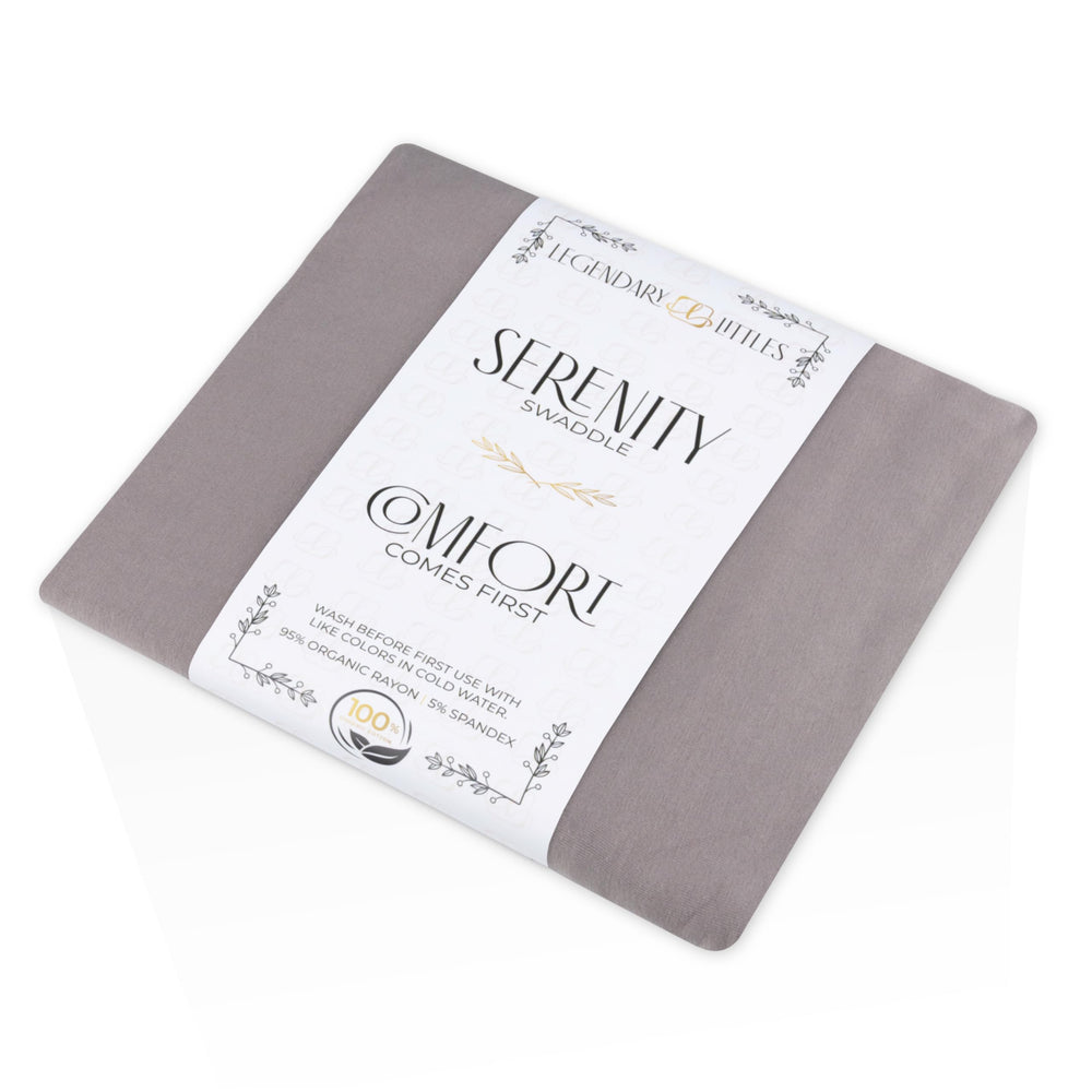 LEGENDARY LITTLES swaddle in stone-grey closeup highlighting ultra-soft fabric for cozy newborn cuddles.