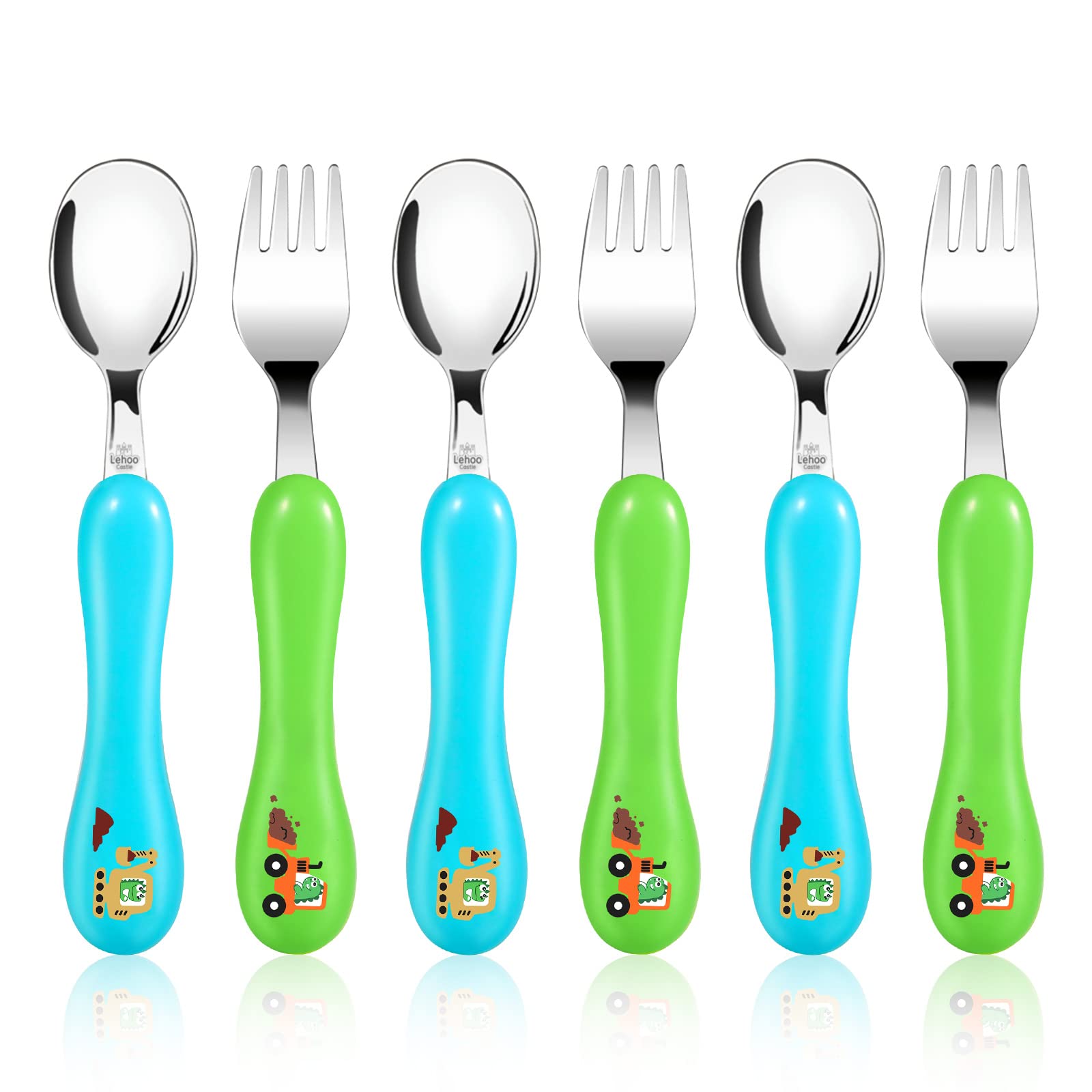 Lehoo Castle 6-piece toddler utensils with dinosaur design for easy self-feeding.