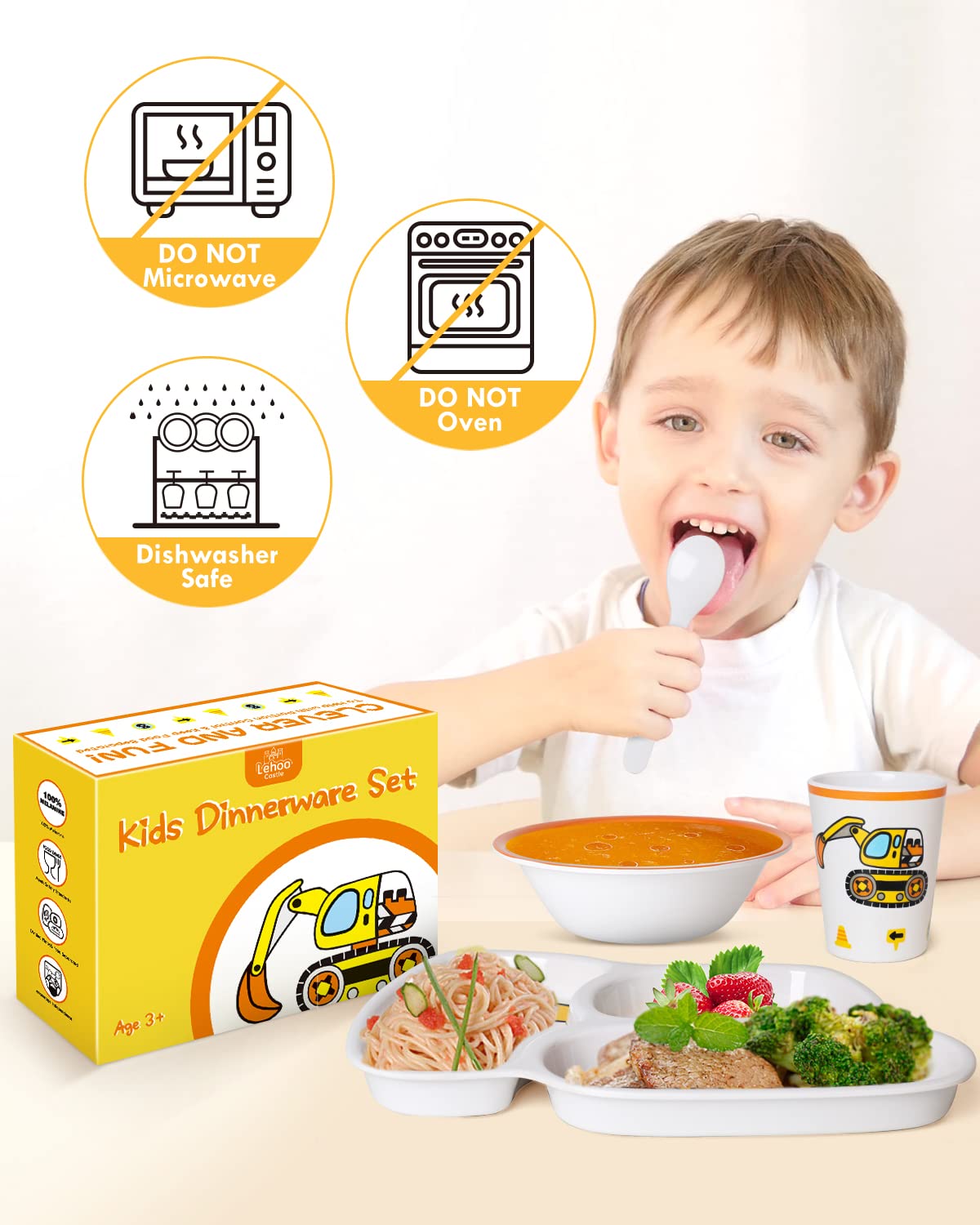 Lehoo Castle complete kids dinnerware set with plate, bowl, cup, and utensils